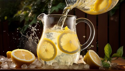 a refreshing pitcher of lemonade with lemon slices and ice is being poured creating a splash perfect for summer