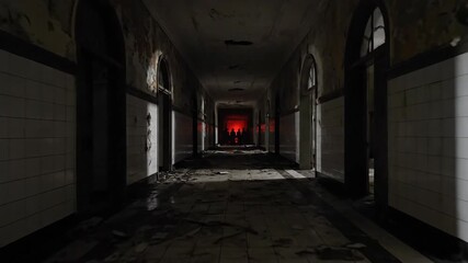 Dark abandoned hallway with red light at the end - Powered by Adobe