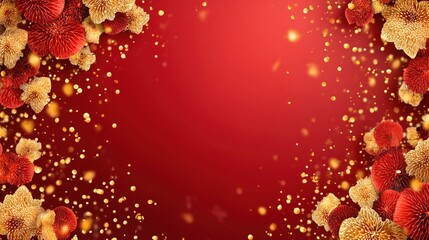 Red festive background with golden and scarlet 3D flowers and glowing confetti frame for luxury holiday greetings