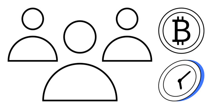 Simplified human figures representing teamwork alongside Bitcoin symbol and clock icon. Ideal for finance, cryptocurrency, time management, collaboration, productivity, blockchain, efficiency. Simple