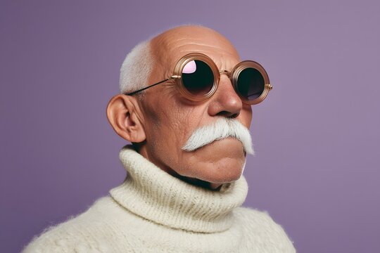 Stylish senior man with mustache wearing round sunglasses on lilac background