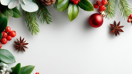 A festive arrangement of fir branches, leaves, red berries, pine cones and star anise forms a border on a white background with empty space in the center.