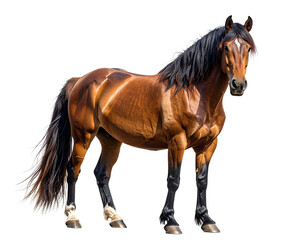 Majestic brown horse with a flowing mane,  full-lenght, equine beauty, transparent background