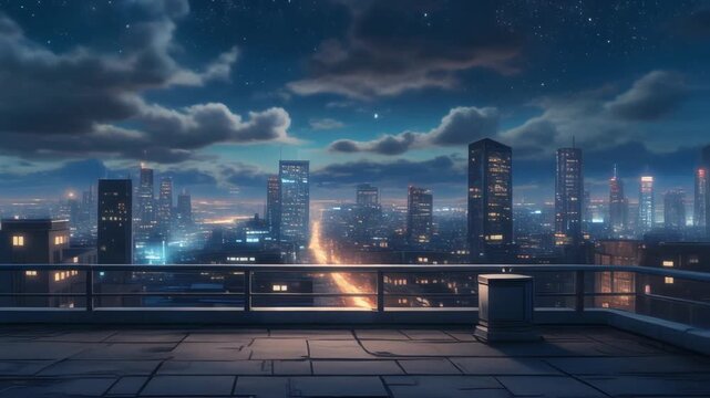 Night rooftop view of city skyline with glowing buildings.