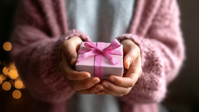 Hands holding romantic gift box with bow face not shown at all valentine present love gift romantic gesture special occasion gift exchange relationship celebration hands