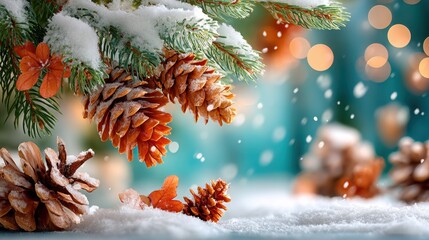 Close-up of snowy pine cones and fir branches with falling snowflakes against a soft blue background.