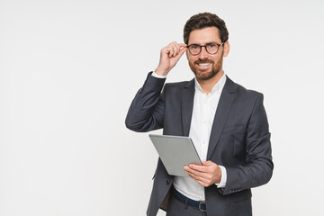 Caucasian man, search or digital tablet on isolated studio background for finance app fintech investment insurance budget. Smile, happy or businessman on technology for stock market or savings growth