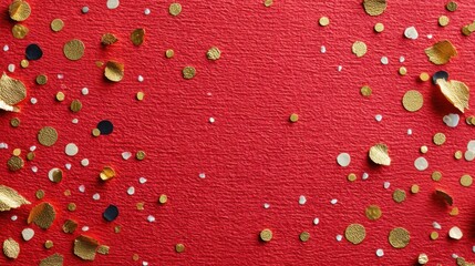 right red textured background scattered with gold, white and black confetti and glitter