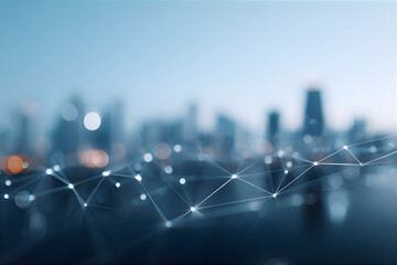 Global network connection over blurred city backdrop. Internet of things concept with building skyline. Digital communication and future smart city technology banner.