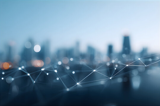Global network connection over blurred city backdrop. Internet of things concept with building skyline. Digital communication and future smart city technology banner. - Powered by Adobe