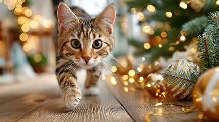 Young tabby cat walking toward the camera on a wooden floor next to a decorated Christmas tree with golden baubles.