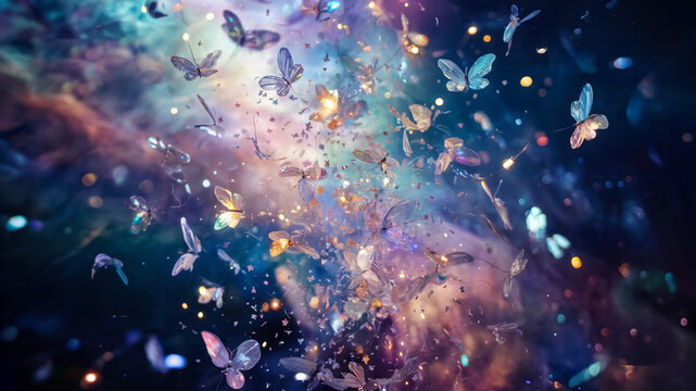 Shimmering confetti cascade with gold and silver, pink purple colors, fairy lights glowing, soft focus background, concept of party - Powered by Adobe