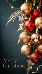 Festive red and gold ornaments with pine branches and lights on soft dark blurred background, empty copy space, concept of celebration