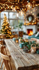 Bright spacious dining area with a long wooden table, mugs, candles and evergreen decor, Edison bulbs hanging above