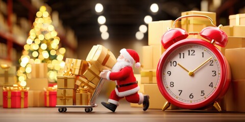 Santa Claus working in a warehouse full of cardboard boxes, pushing a cart with gifts and parcels, Christmas tree with warm golden lights in background, alarm clock and wrapped presents in foreground