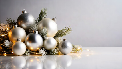 Fototapeta premium White and silver Christmas baubles with snowy pine and glowing garland on glossy white surface, empty copy space, concept of greeting
