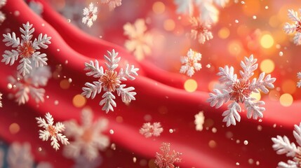 Sparkling silver snowflakes falling over flowing red fabric with golden bokeh lights, elegant Christmas and New Year winter holiday abstract background