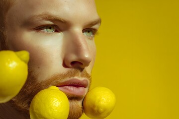 Portrait of a ginger man posing with lemons on a vibrant yellow backdrop