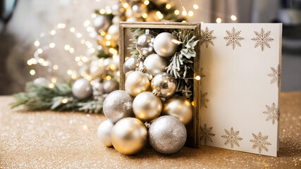 Silver and light gold Christmas baubles with snowy pine and glowing garland near decorated blank card on gold glitter background, empty copy space, concept of greeting
