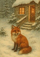 Fototapeta premium Fox winter cottage scene