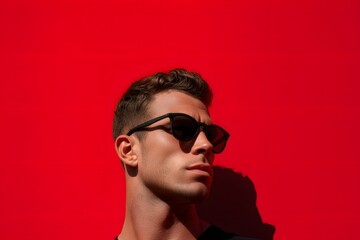 Obraz premium Attractive man wearing sunglasses posing in front of a red wall