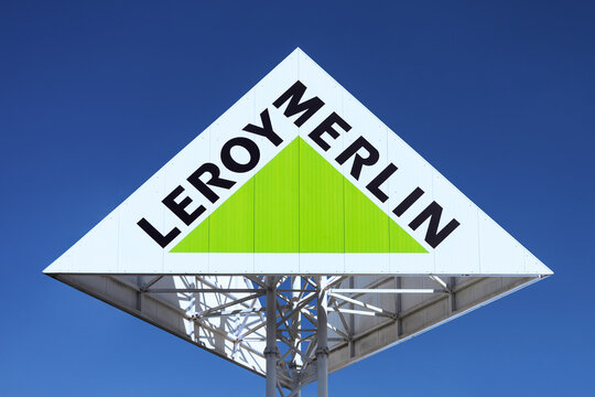 Poznan, Poland - September 24, 2025. Leroy Merlin logo on a pylon - Leroy Merlin is an international chain of stores selling home improvement, gardening and hardware tools based in France.