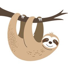 Naklejka premium Cute Beige Sloth Hanging From A Tree Branch With A Friendly Smile And Dark Brown Eyes Isolated On A White Background Digital Art