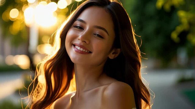 Radiant Smile in the Sunshine: A beautiful woman with long flowing hair, lit by warm sunlight, offers a genuine and captivating smile. Capturing the essence of joy and natural beauty.