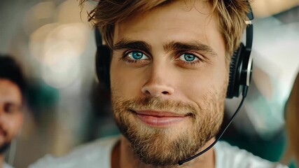 Tech Support: A close-up portrait of a customer support agent in action, a person with a friendly smile, headphones on, radiating approachability, highlighting the modern workspace.