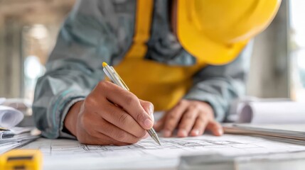 Construction professional wearing protective gear meticulously reviews technical drawings on a worksite table
