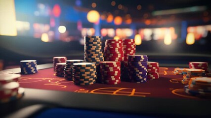 Casino Table Chips: A collection of casino chips of various colors sits upon a rich, inviting casino table, ready for a high-stakes game. The atmosphere suggests excitement and anticipation.