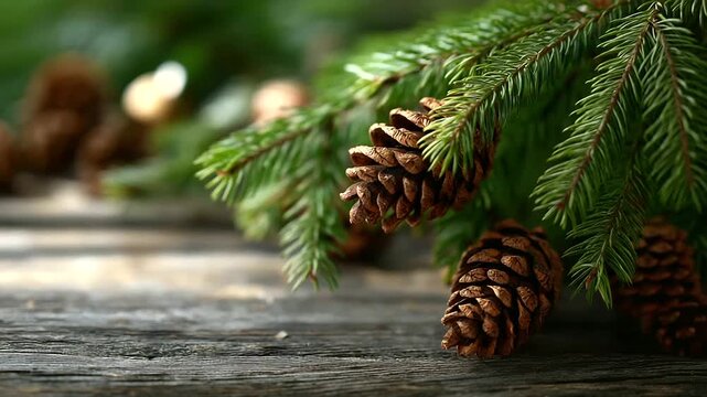 Fir tree branches with pine cones on rustic wood no faces or hands visible natural Christmas elements woodland decoration rustic holiday organic elements winter botanicals