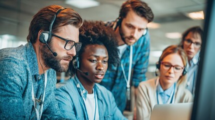 Diverse group of professionals collaboratively working with technology in a modern office environment