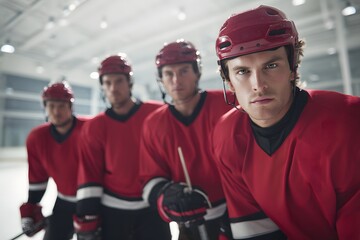 Determined hockey team prepares for the game on the ice rink