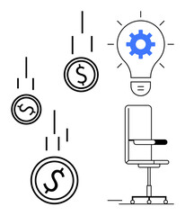 Coins drop symbolizing investment, light bulb with gear represents innovation, beside office chair for work. Ideal for business growth, management, startup strategy, financial planning, creativity