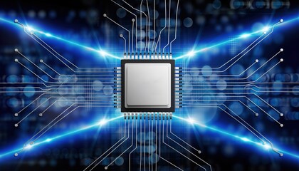 Central Processing Unit Microchip with Glowing Blue Circuitry and Data Streams.