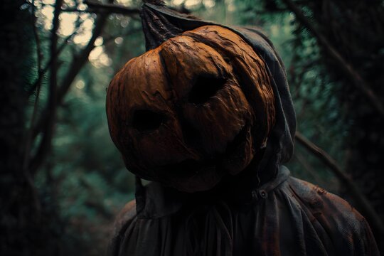 Creepy pumpkin-headed figure lurking in the shadows of a spooky forest - Powered by Adobe
