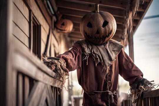 Spooky scarecrow with a pumpkin head standing on a porch for halloween - Powered by Adobe