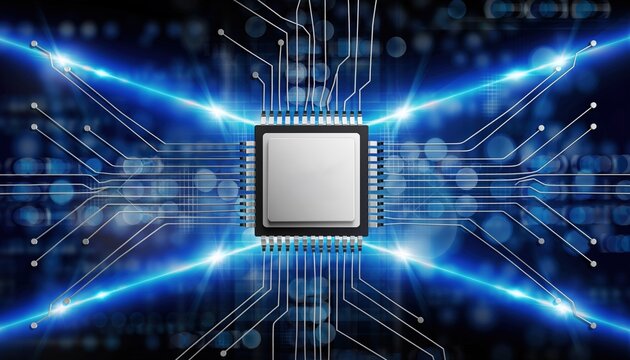 Central Processing Unit Microchip with Glowing Blue Circuitry and Data Streams.