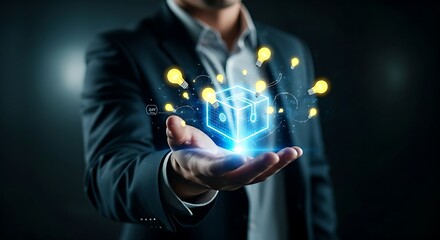 Open innovation concept. A company's holographic "idea box" receives contributions (lightbulbs) from external sources like customers and startups.