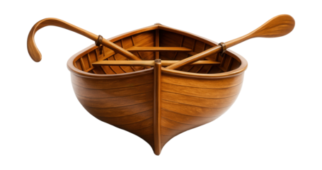 Curved-oar wooden rowboat with a sleek, polished finish.