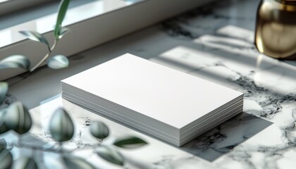 A stack of white business cards on a marble surface near a window with plant leaves