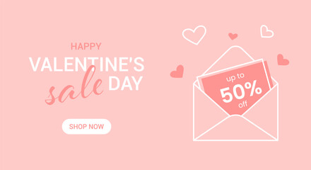 Valentines Day Sale Banner with Envelope, Hearts and Discount Card on Pink Background. Promotion and shopping template for love day concept. Vector illustration.