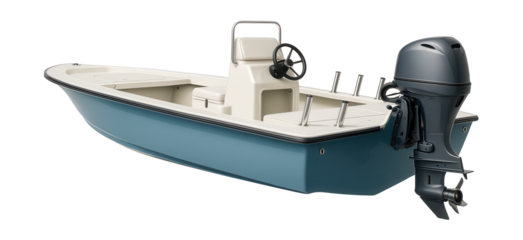 Fishing skiff equipped with an outboard motor and rod holders.