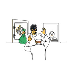 Obraz premium Jewelry store robbery with thief holding money bag while cashier raises hands. Jewelry store robbery with dramatic tension and minimalist line art captures moment.