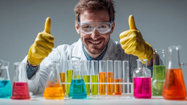 A Cheerful Scientist Shares Excitement for Experimentation with Colorful Chemicals in Laboratory Settings - Powered by Adobe