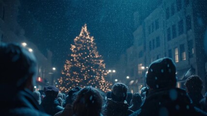 A cinematic moment as a crowd gathers with their backs to the camera, watching a Christmas tree illuminate the snowy night sky in a magical celebration of warmth, wonder, and togetherness tonight