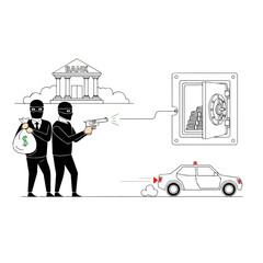 Obraz premium Bank robbery scene with robbers escaping and police car chasing them, Bank robbery depicted in outline sketch illustration with two criminals, one with a gun, and another carrying money bag,