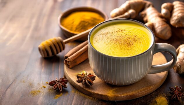 golden turmeric latte with swirl of cream and sprinkle of spice in a rustic mug surrounded by ginger cinnamon star anise and honey dipper a warm comforting drink