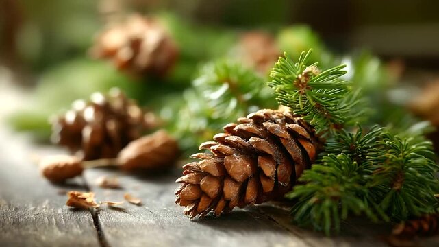 Fir tree branches with pine cones on rustic wood no faces or hands visible natural Christmas elements woodland decoration rustic holiday organic elements winter botanicals